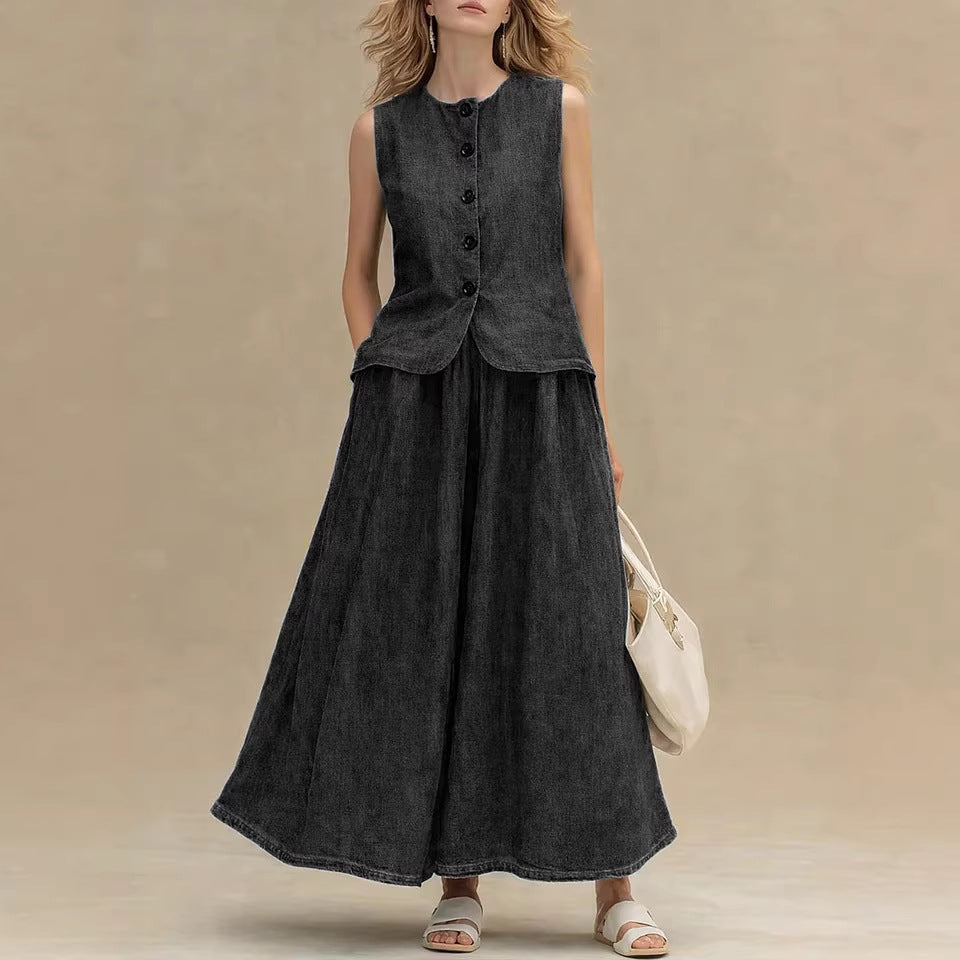 Women's Crew Neck Denim Vest Top & High-Waist A-Line Skirt Set – 3 Colors S–XXL