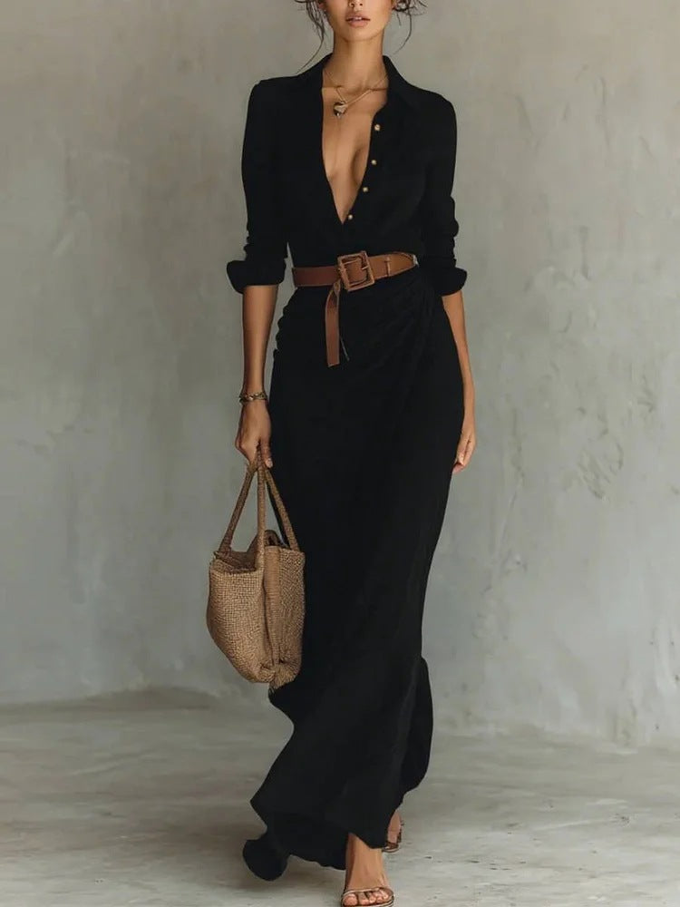Women's Irregular Pleated Midi Dress – Elegant High-Waist Long Sleeve