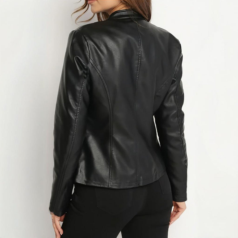 Women's Solid Color Long Sleeve Stand Collar Faux Leather Blazer