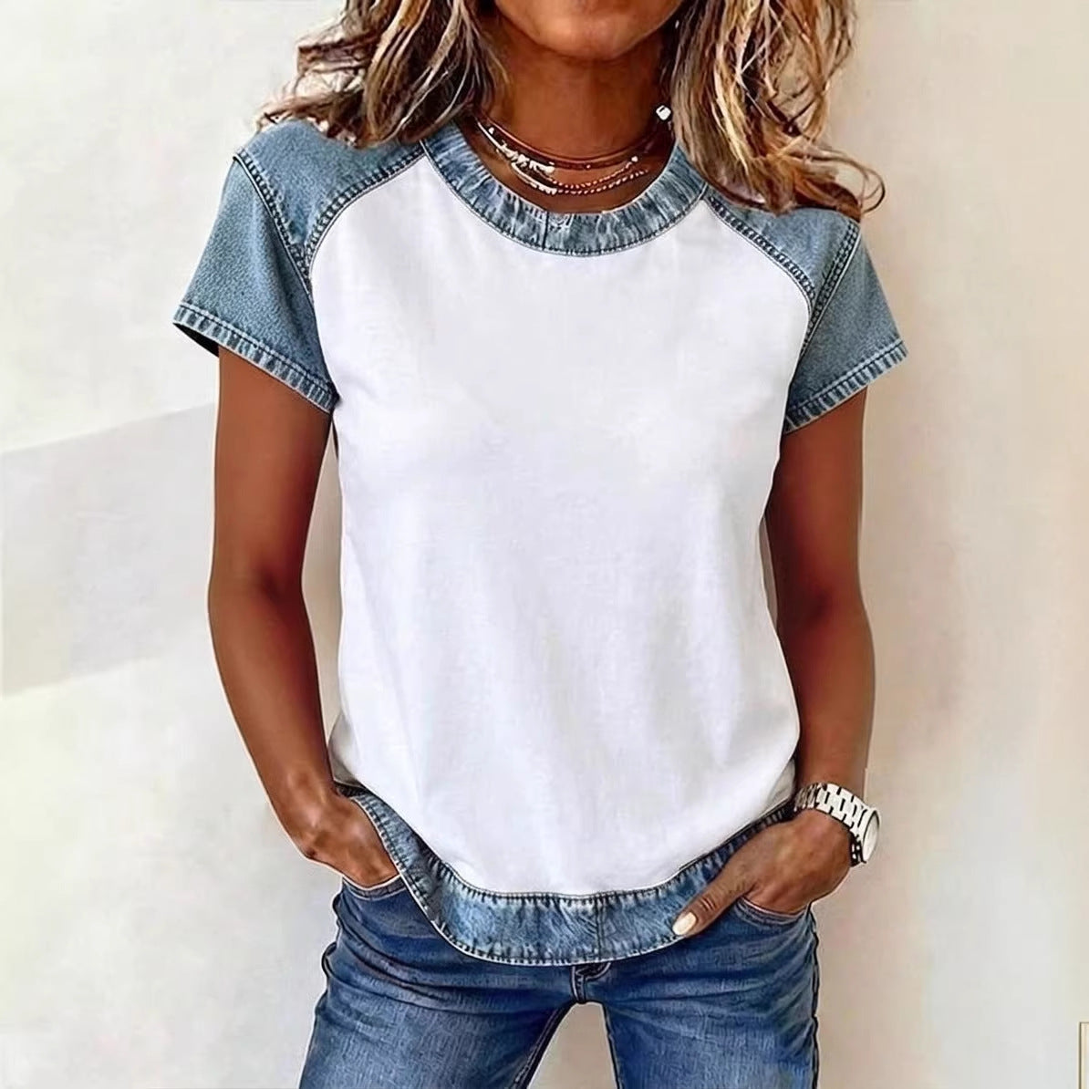 Women's Retro Denim Patchwork Short-Sleeve Shirt – Loose Fit