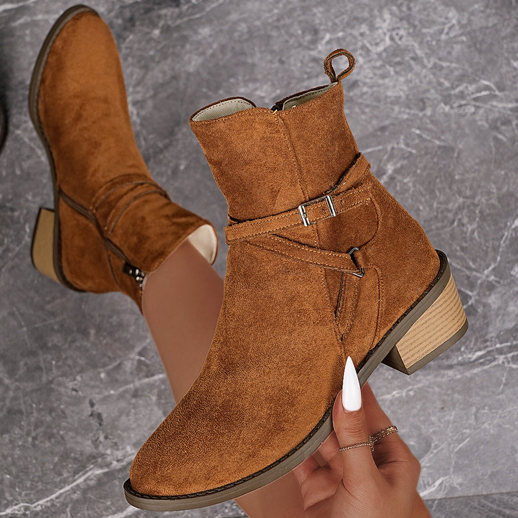Cross-Strap Side-Zipper Mid-Heel Ankle Boots Women