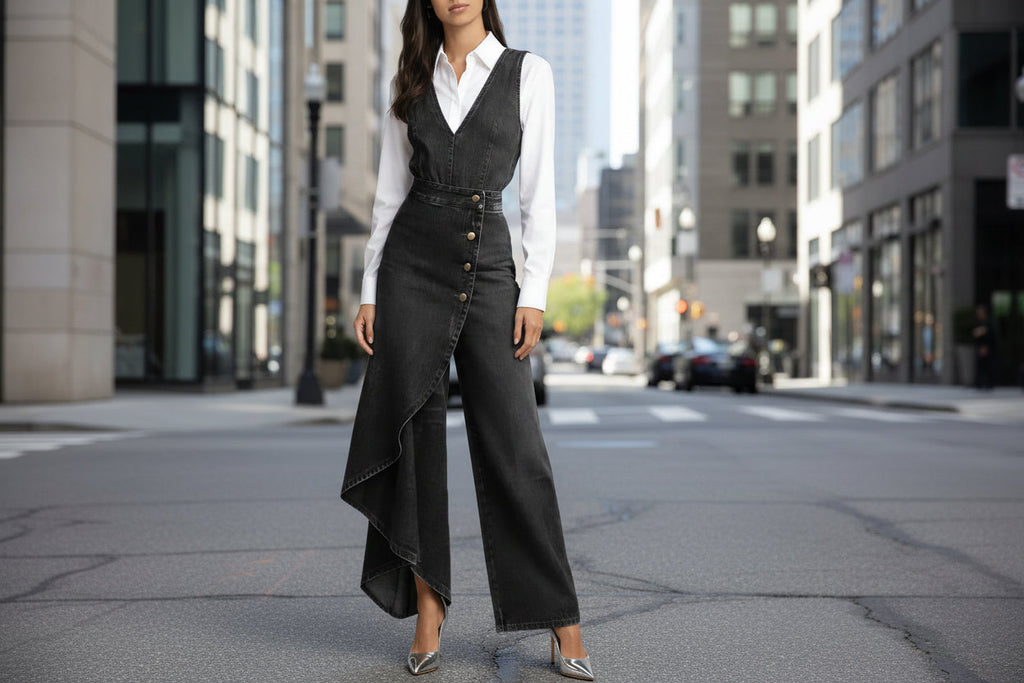 Women’s Western-Style V-Neck Asymmetrical Denim Jumpsuit