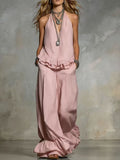 Women's V-Neck Ruffle-Trim Puff-Sleeve Two-Piece Set