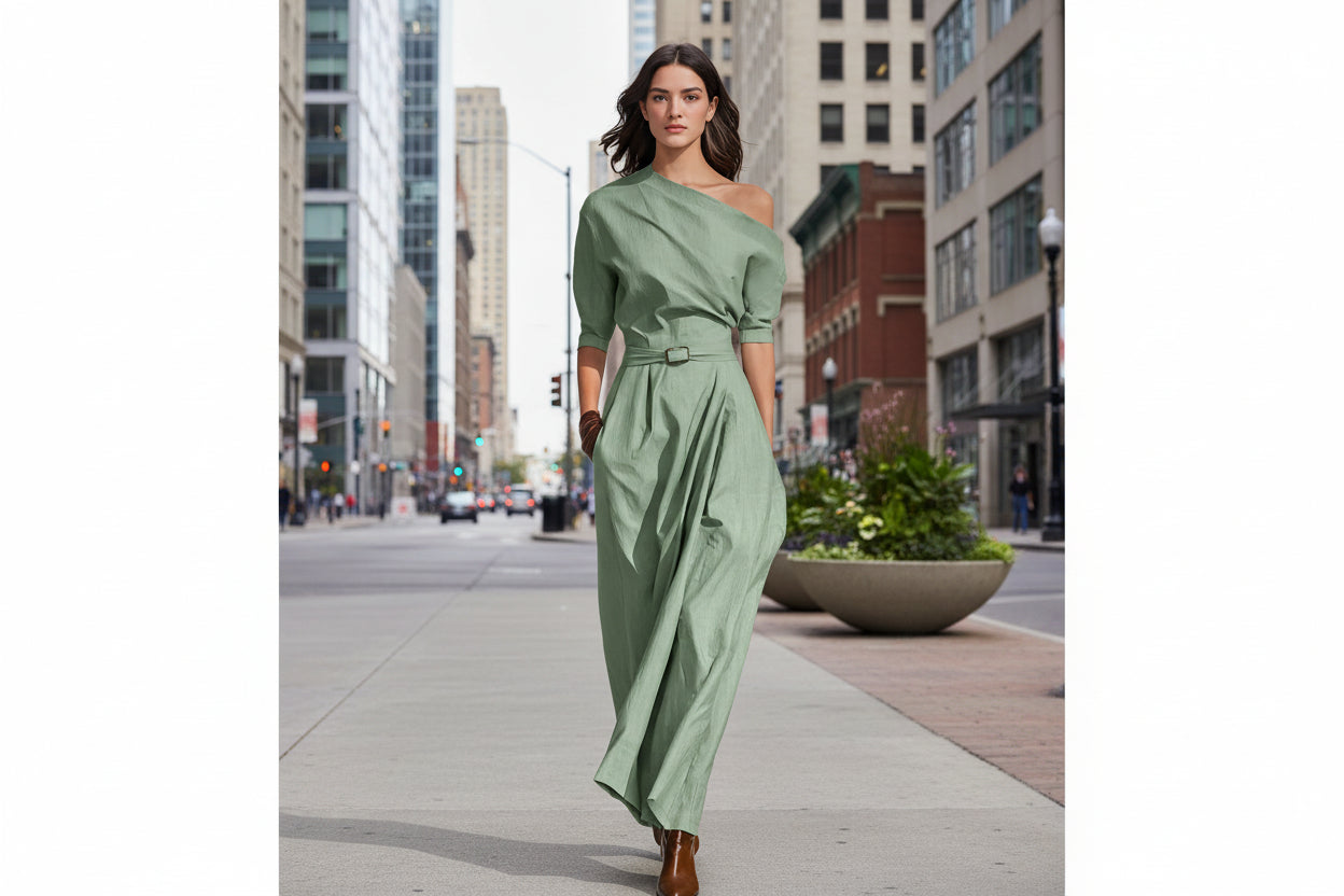 Women’s One-Shoulder Long Dress – Slanted Shoulder Waist-Defined Style