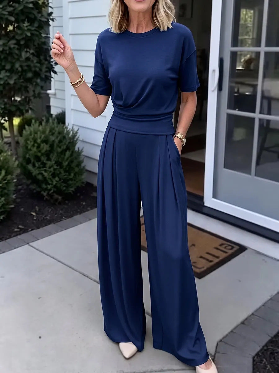 Women's Loose Crew-Neck T-Shirt & Wide-Leg Pants Two-Piece Set