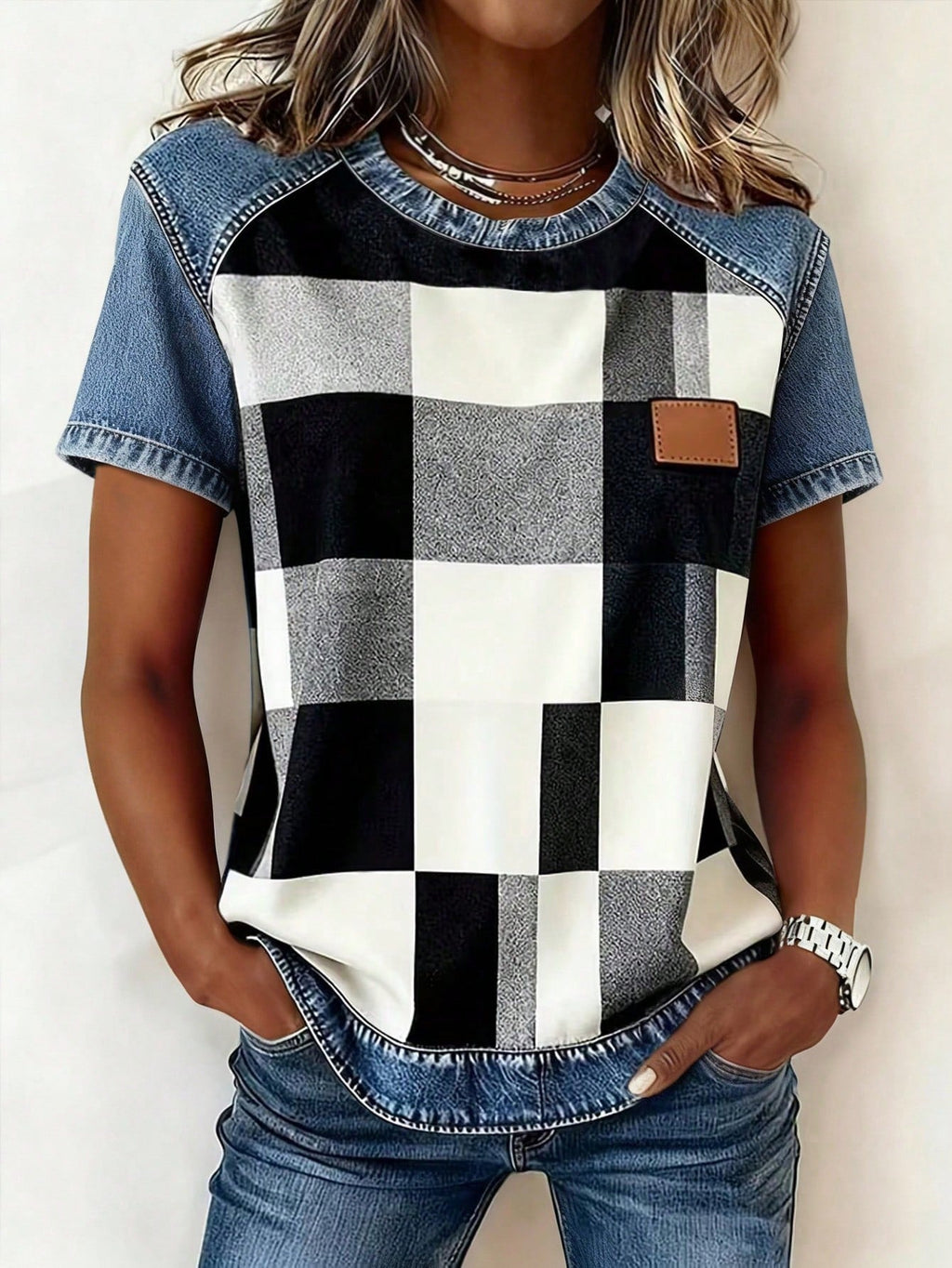 Women's Retro Denim Patchwork Short-Sleeve Shirt – Loose Fit