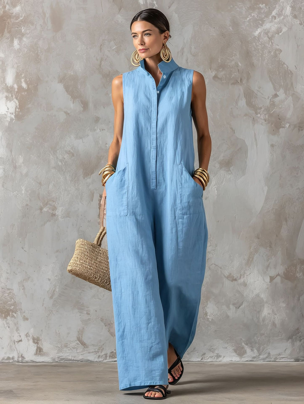 Linen Blend Sleeveless Stand-Collar Jumpsuit – 5 Colors S–3XL