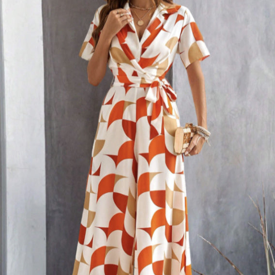 Women's Geometric Print Lace-Up Shirt Jumpsuit – Wide-Leg High-Waist Boho