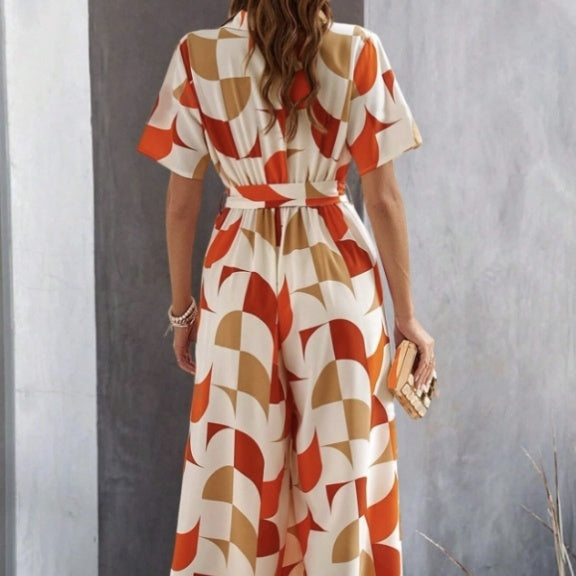 Women's Geometric Print Lace-Up Shirt Jumpsuit – Wide-Leg High-Waist Boho