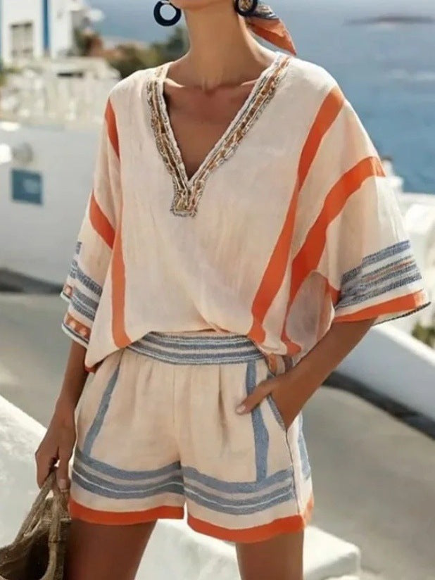 Women’s Linen Striped V Neck Top and Shorts Set
