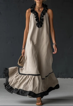 Women's Resort Linen Maxi Dress – Halter Neck Ruffle A-Line Boho