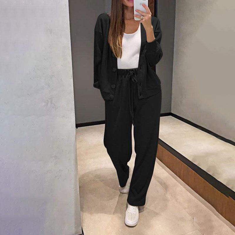 Casual Knit Cardigan With Pocket & Drawstring Lounge Pants
