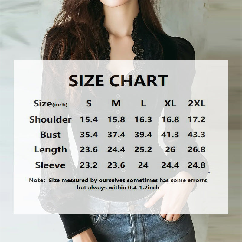 Women's Velvet & Lace Trim Top V-Neck Long Sleeve Blouse