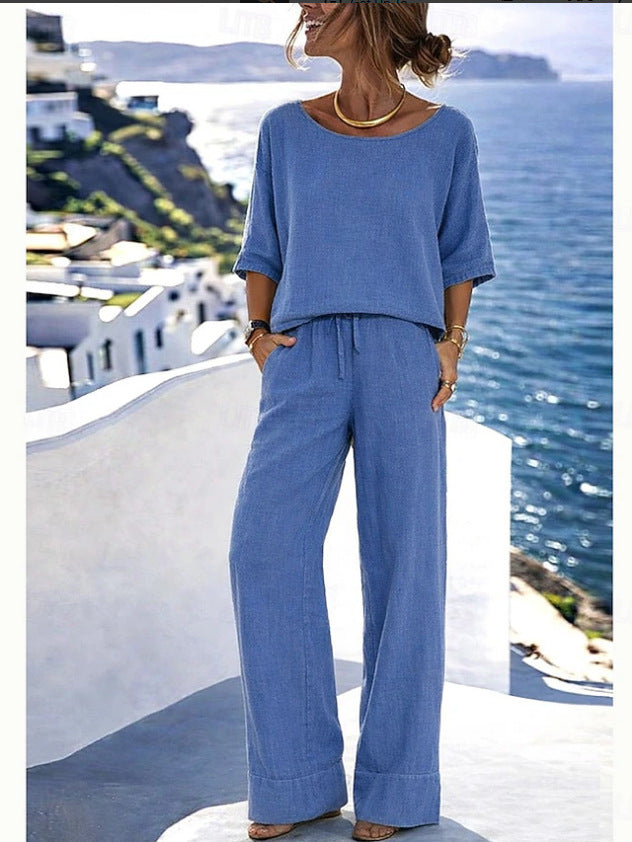 Women's Cotton Linen Resort Set – Short Sleeve Top & Wide-Leg Pants