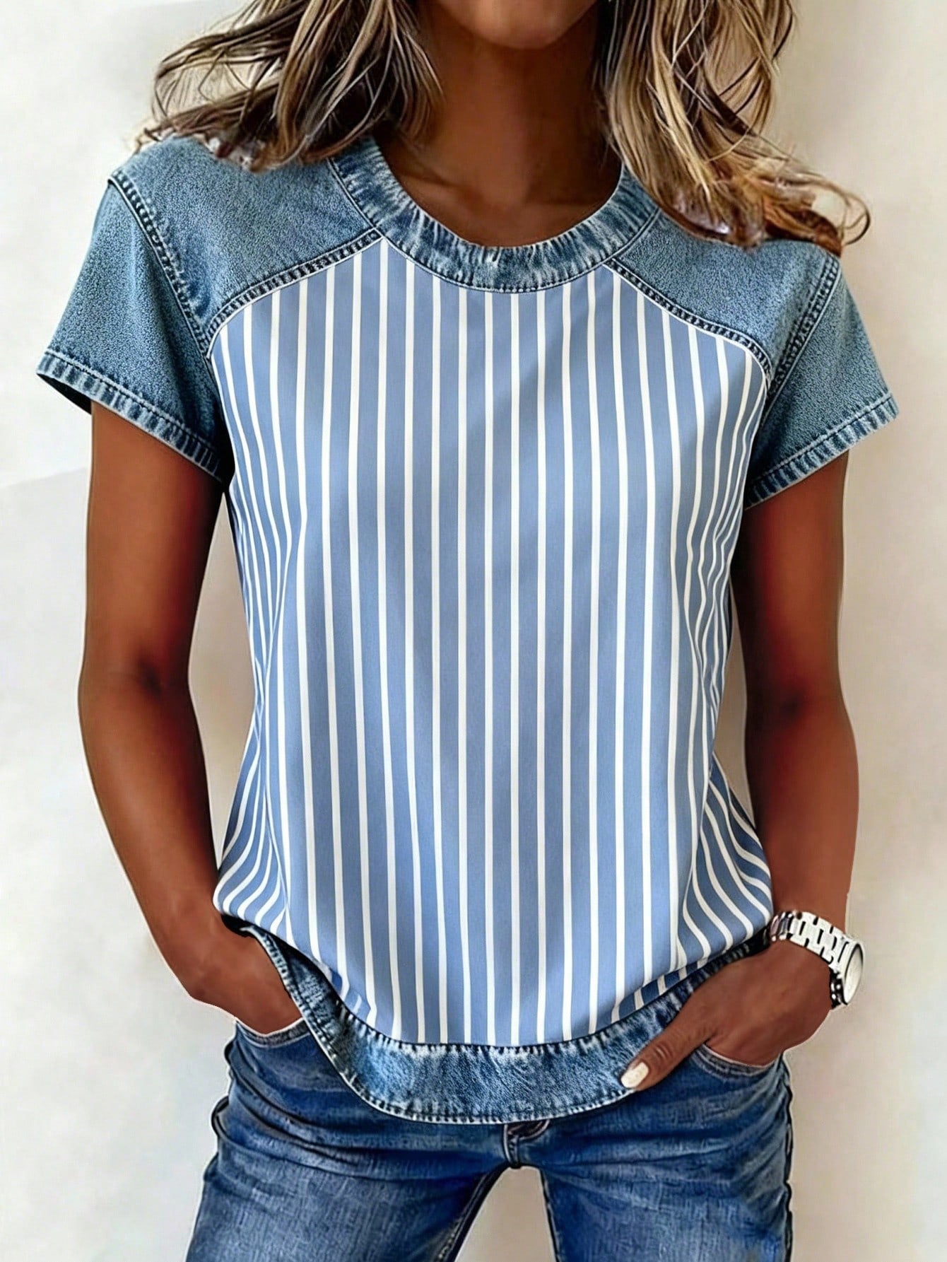 Women's Retro Denim Patchwork Short-Sleeve Shirt – Loose Fit
