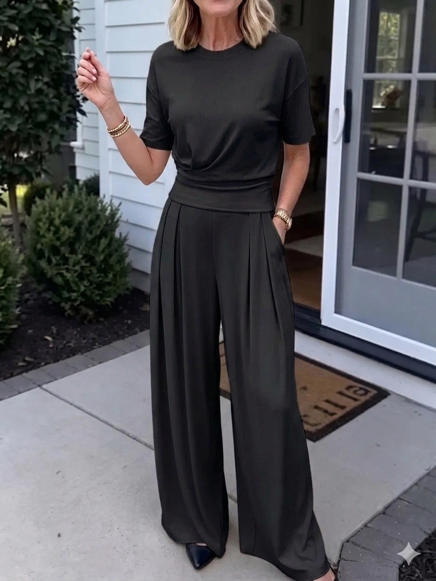 Women's Loose Crew-Neck T-Shirt & Wide-Leg Pants Two-Piece Set