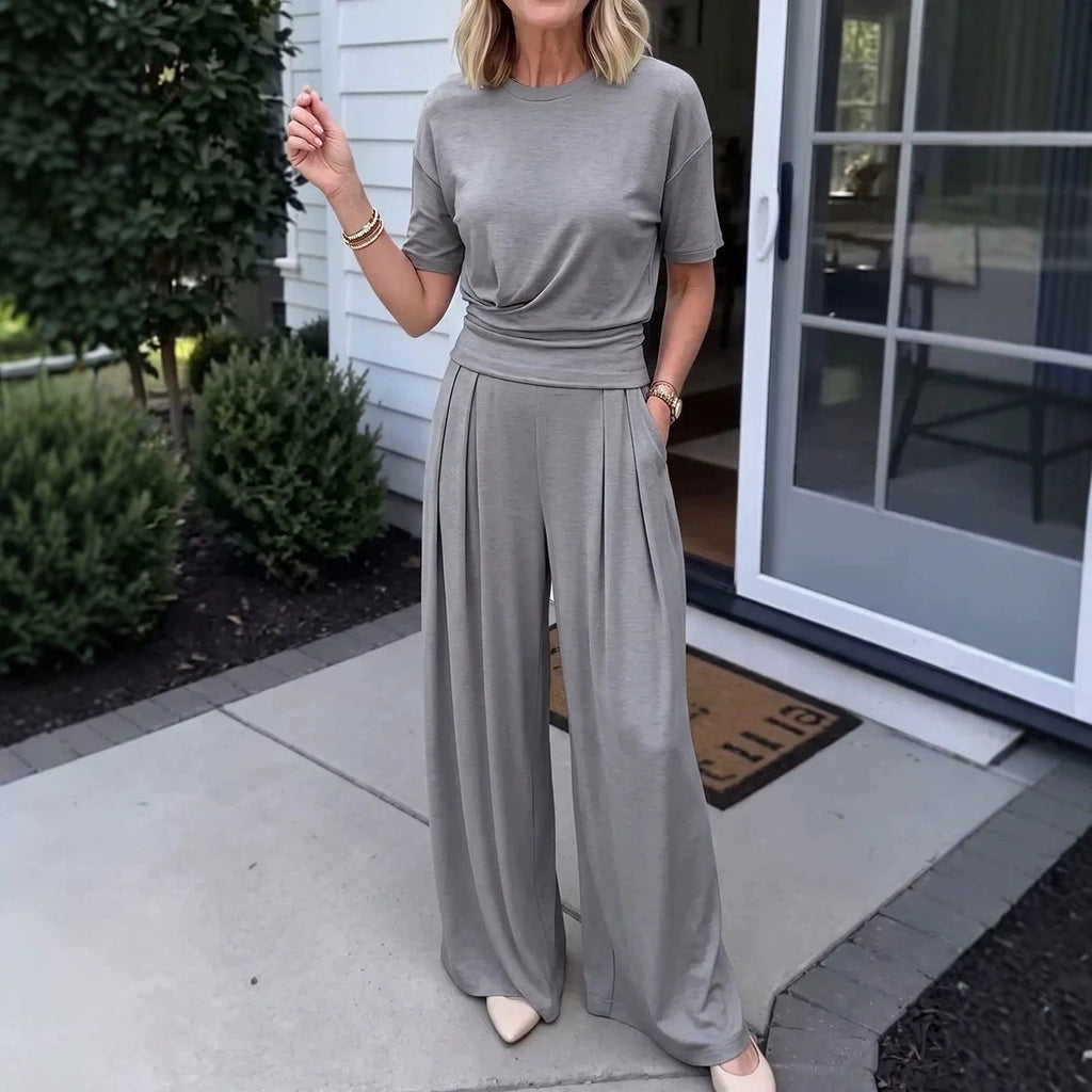 Women's Loose Crew-Neck T-Shirt & Wide-Leg Pants Two-Piece Set