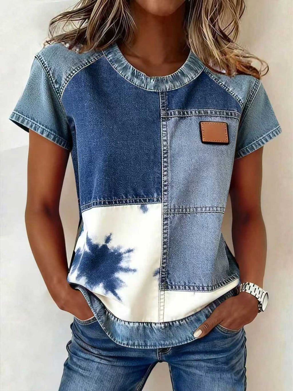 Women's Retro Denim Patchwork Short-Sleeve Shirt – Loose Fit