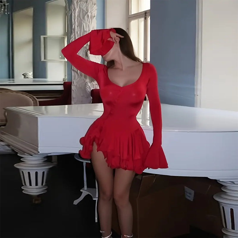 Deep V-Neck Ruffle-Hem Flared-Sleeve Mini Dress — Button-Front Bodycon