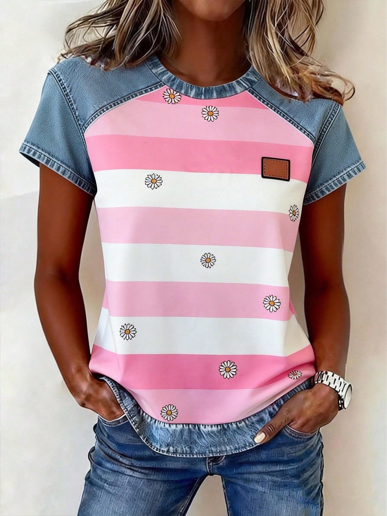 Women's Retro Denim Patchwork Short-Sleeve Shirt – Loose Fit