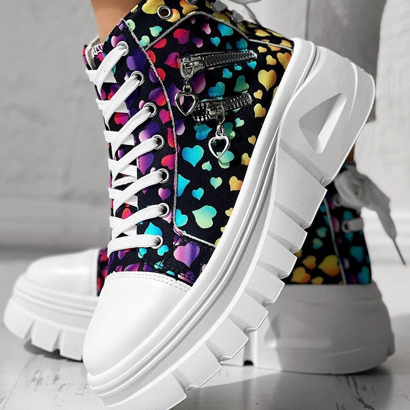 Muffin Heel Side-Zipper & Dual Lace-Up Casual Sneakers for Women