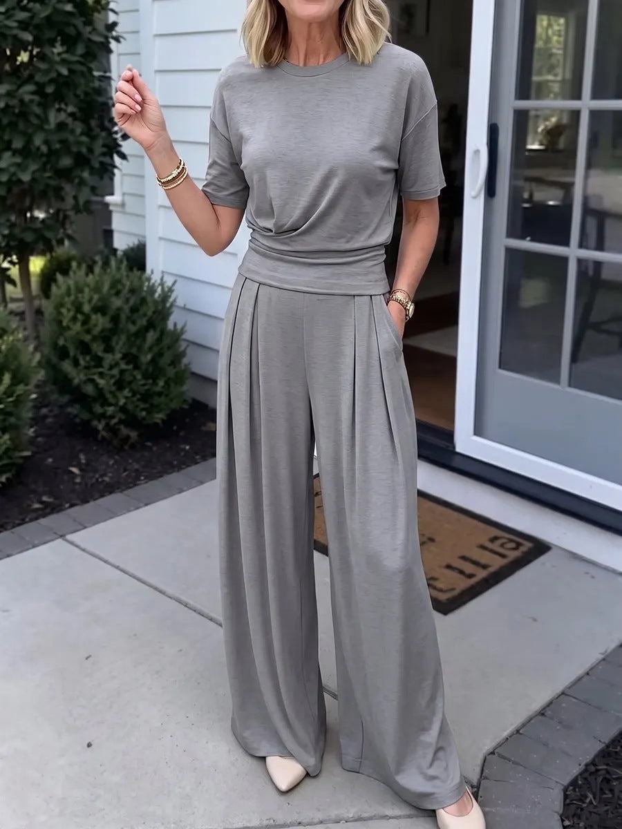 Women's Loose Crew-Neck T-Shirt & Wide-Leg Pants Two-Piece Set