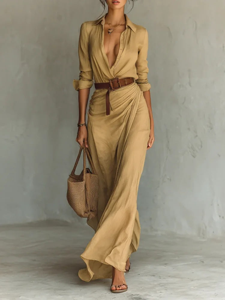Women's Irregular Pleated Midi Dress – Elegant High-Waist Long Sleeve