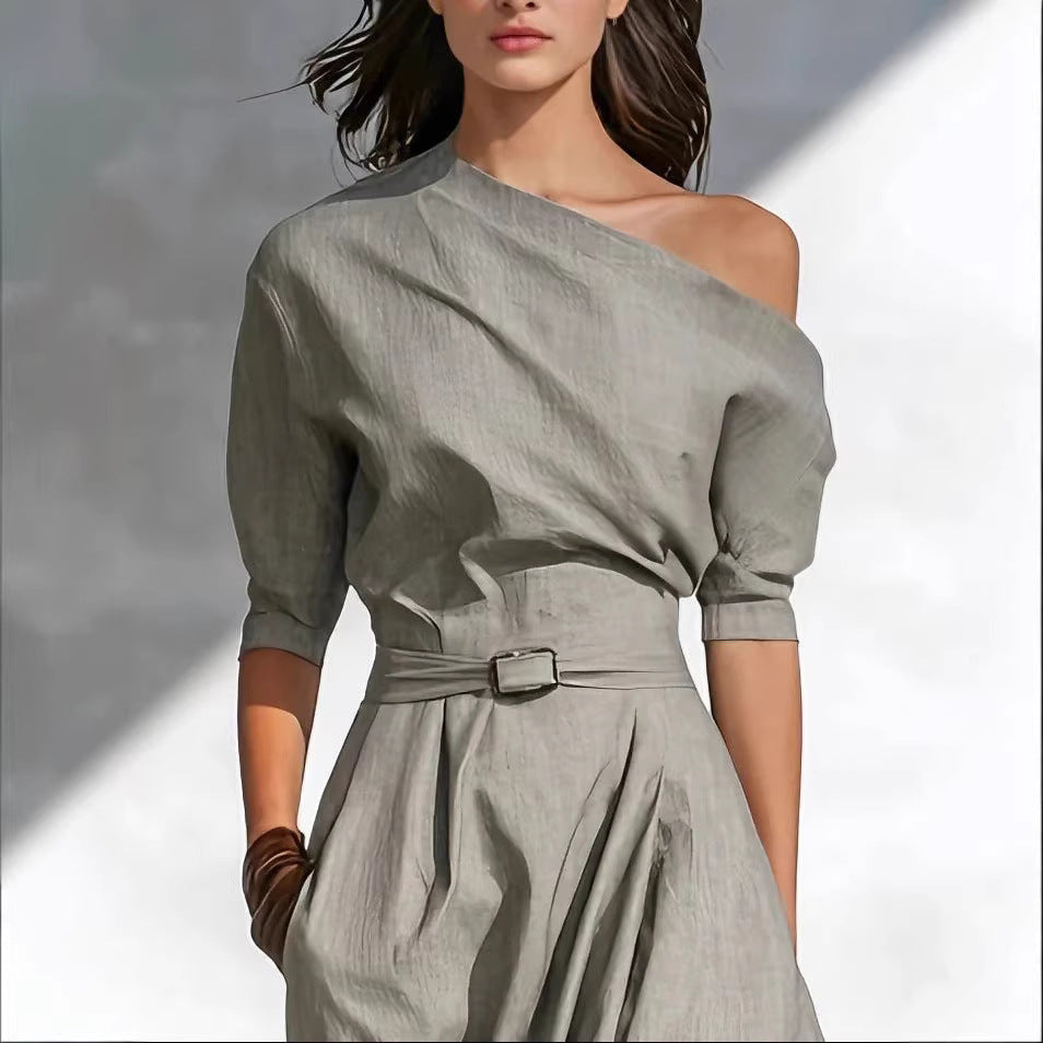 Women’s One-Shoulder Long Dress – Slanted Shoulder Waist-Defined Style