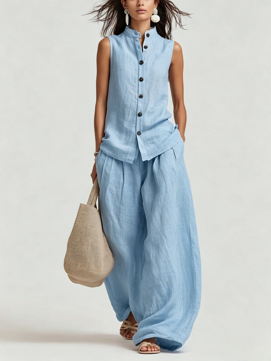 Women's Cotton-Linen Sleeveless Crewneck Vest & Pants Set