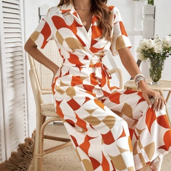 Women's Geometric Print Lace-Up Shirt Jumpsuit – Wide-Leg High-Waist Boho