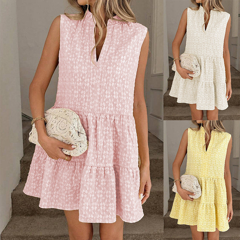 Women's Patchwork V-Neck A-Line Dress – Sleeveless Midi Dress
