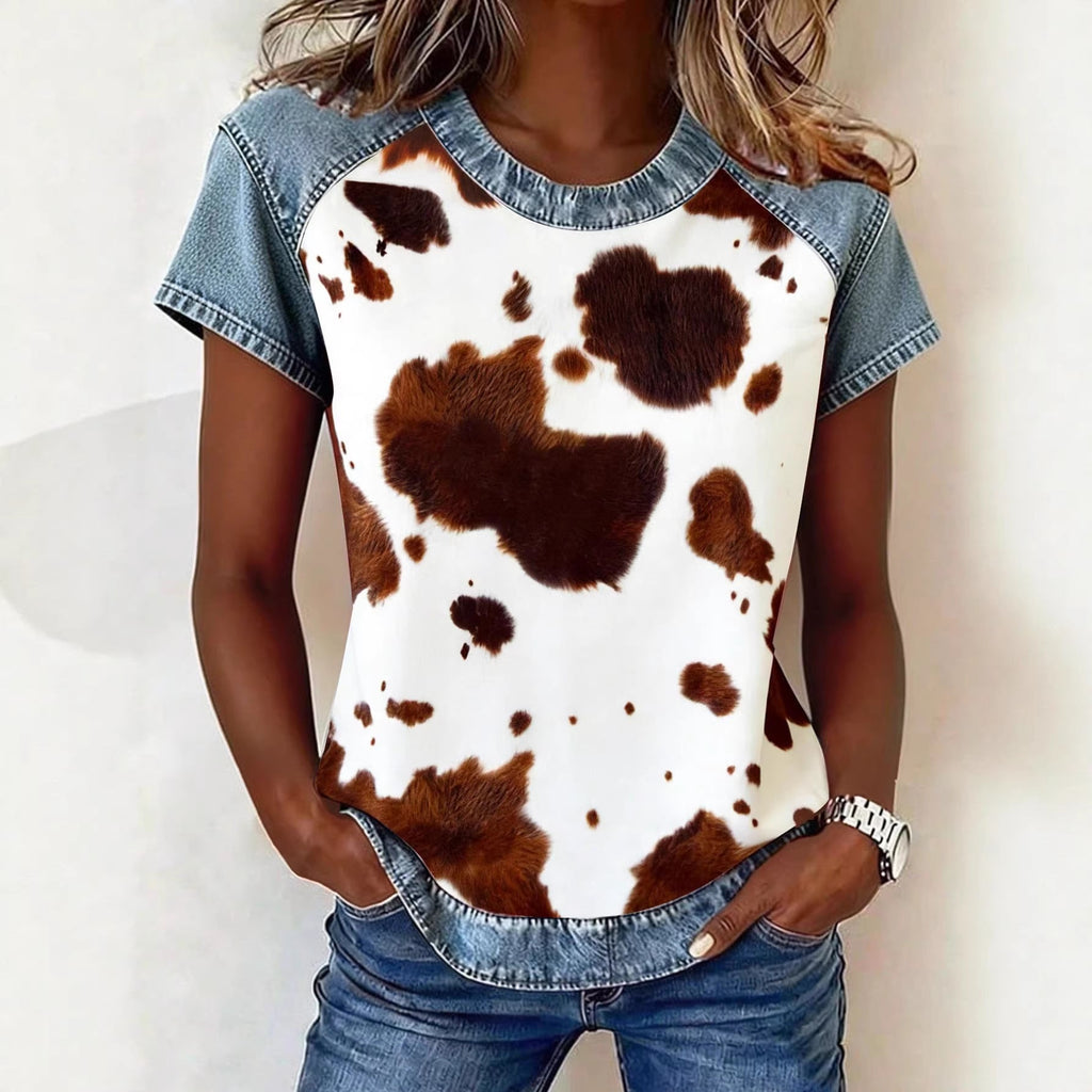 Women's Retro Denim Patchwork Short-Sleeve Shirt – Loose Fit