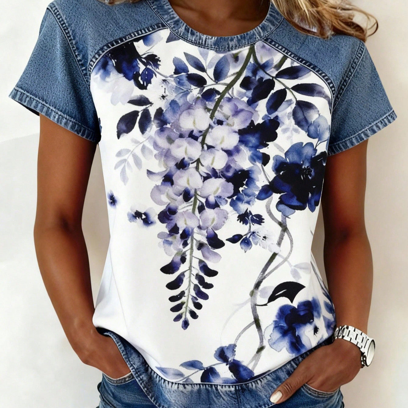 Women's Retro Denim Patchwork Short-Sleeve Shirt – Loose Fit