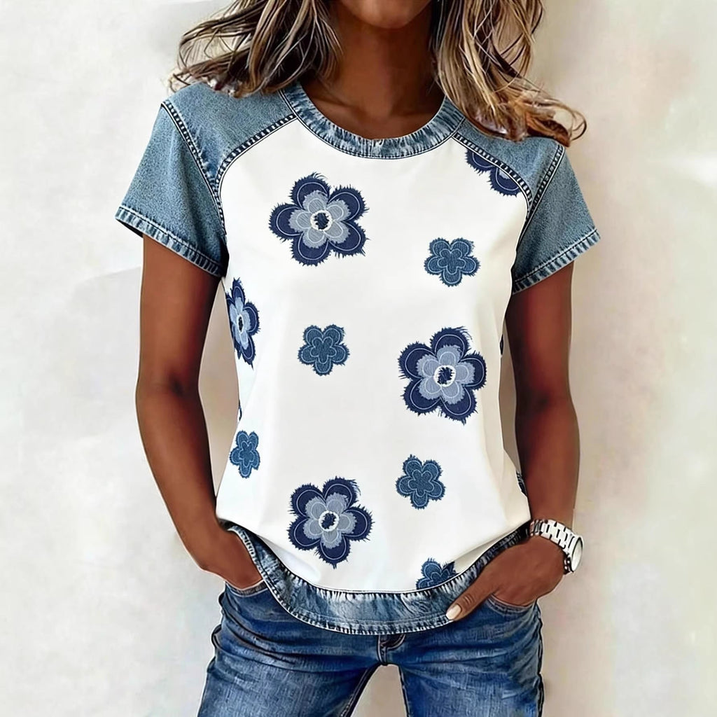 Women's Retro Denim Patchwork Short-Sleeve Shirt – Loose Fit
