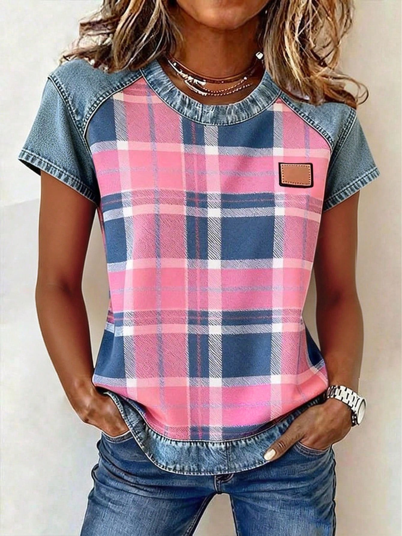 Women's Retro Denim Patchwork Short-Sleeve Shirt – Loose Fit