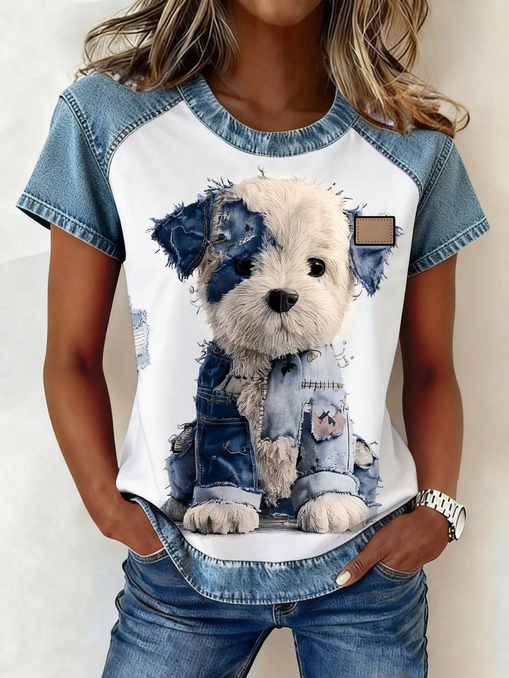 Women's Retro Denim Patchwork Short-Sleeve Shirt – Loose Fit