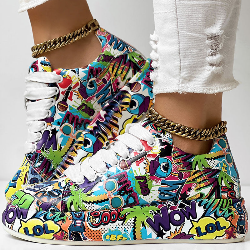 Round-Toe Thick-Sole Lace-Up Sneakers — Women’s Casual Print Shoes