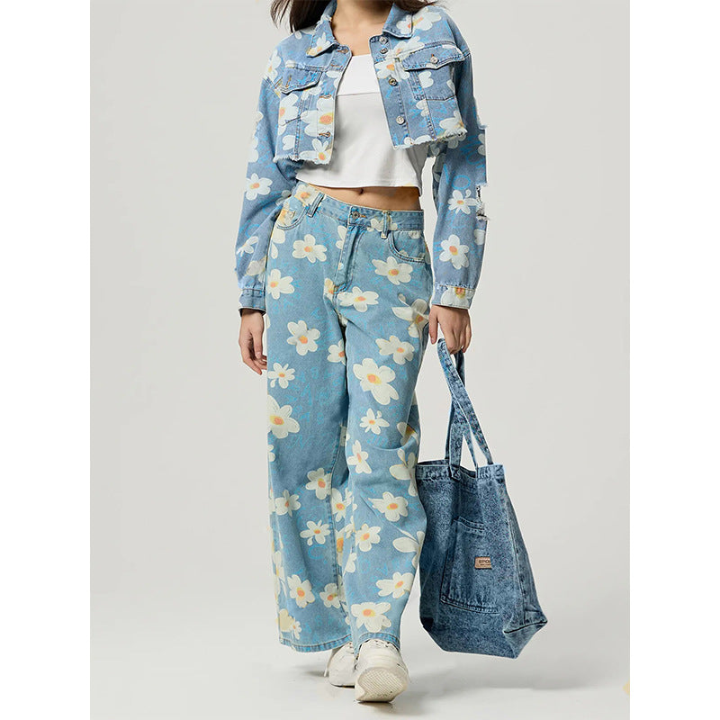Women's Vintage Floral Print Straight-Leg Jeans