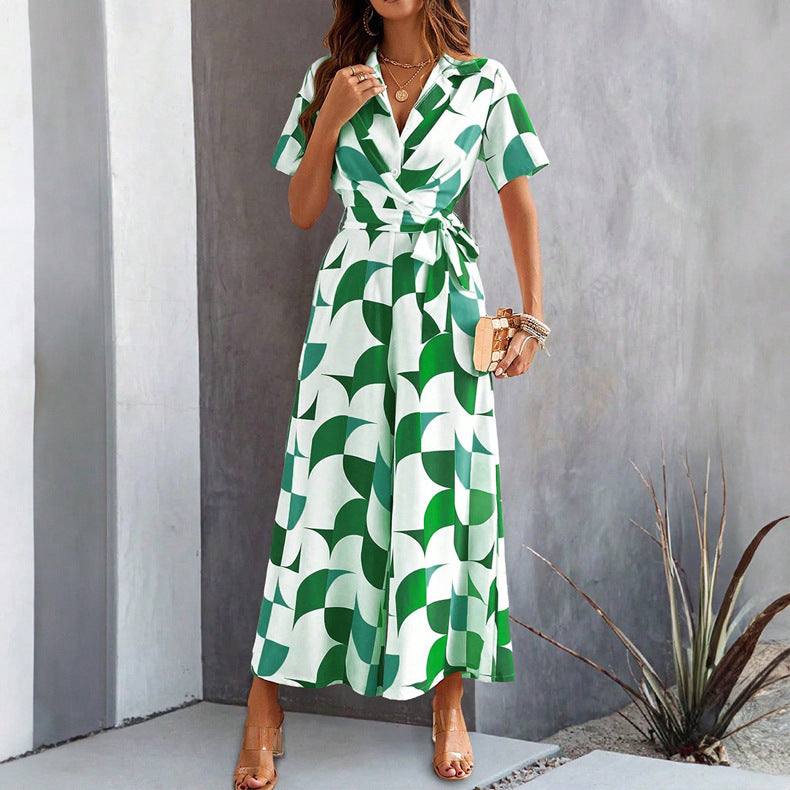 Women's Geometric Print Lace-Up Shirt Jumpsuit – Wide-Leg High-Waist Boho