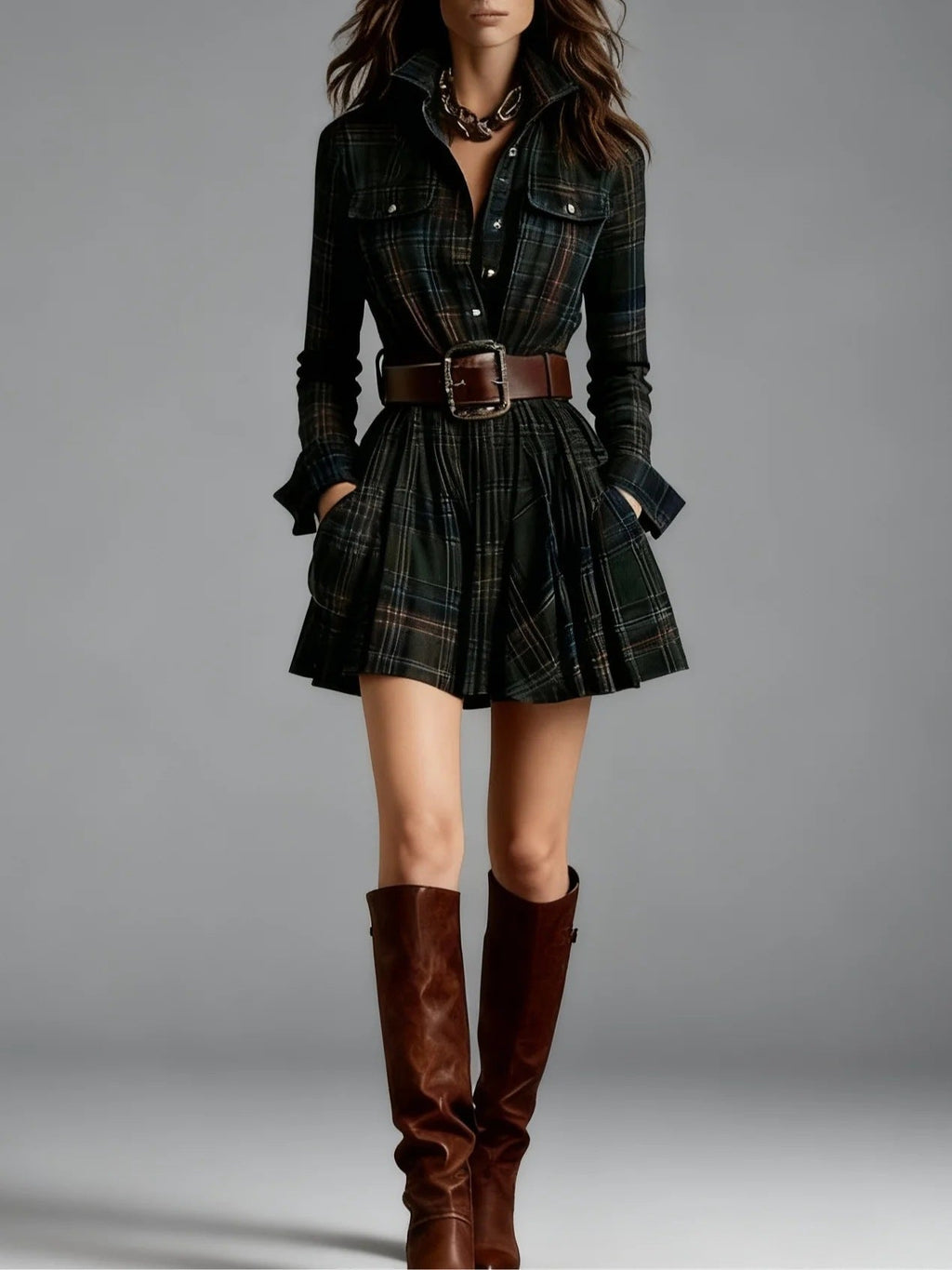 Women's Plaid Collared Sleeveless Fitted Waist Dress