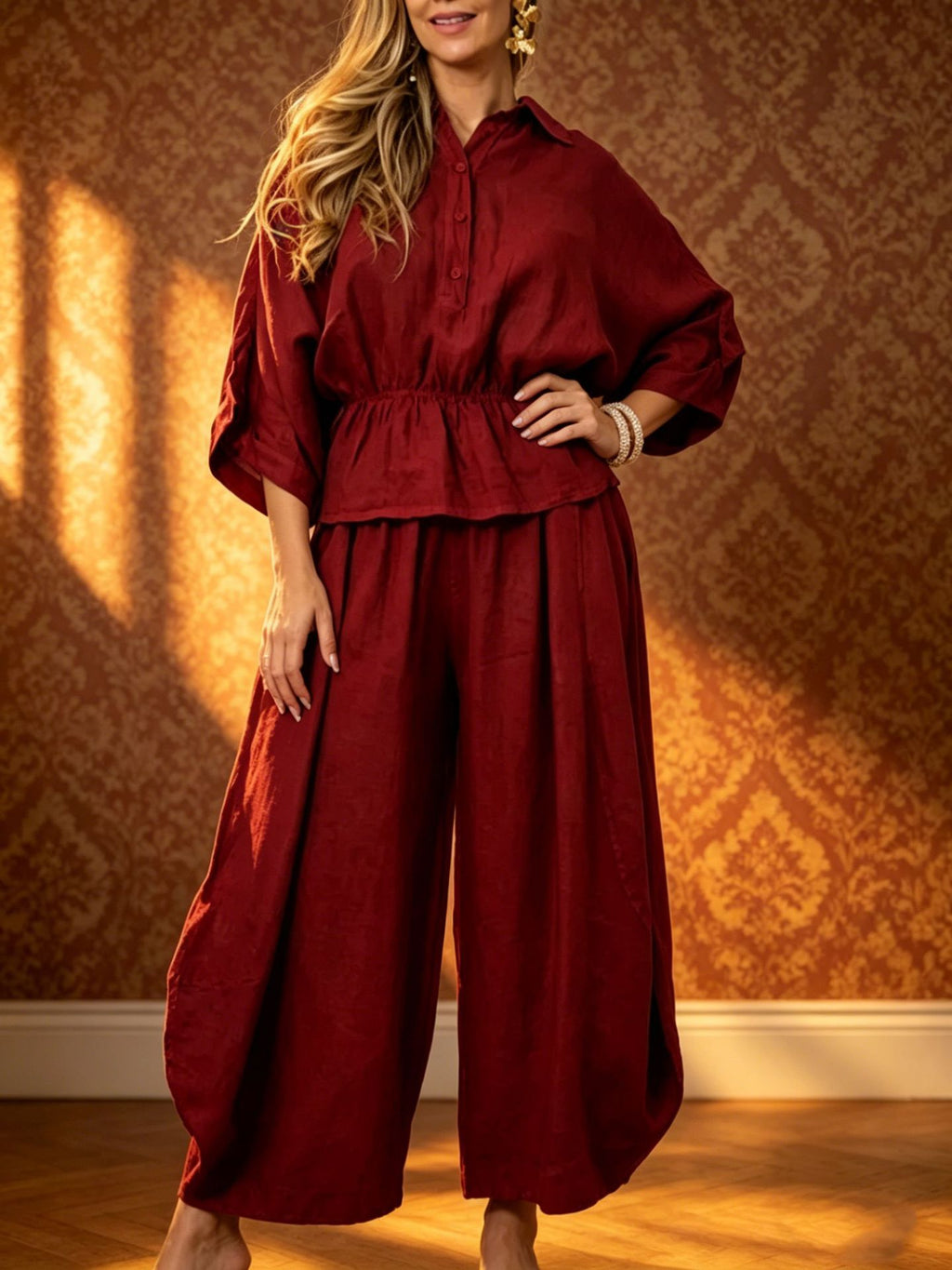 Women's Plus Size Belted Shirt & Wide-Leg Pants Two-Piece Set