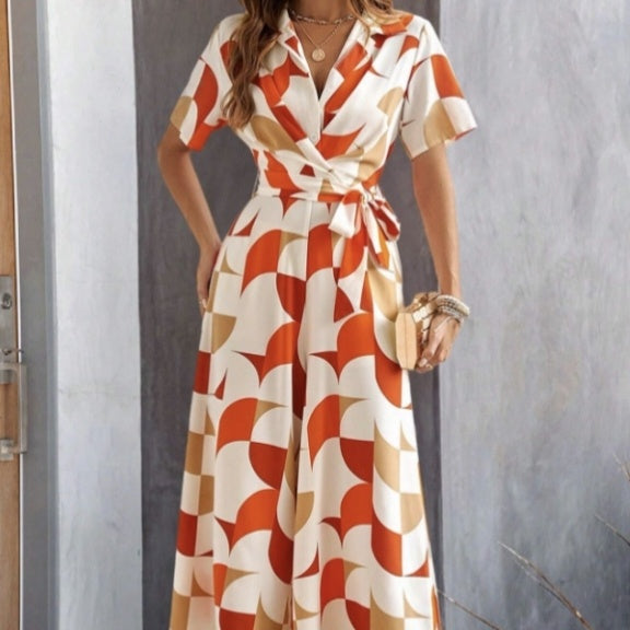 Women's Geometric Print Lace-Up Shirt Jumpsuit – Wide-Leg High-Waist Boho