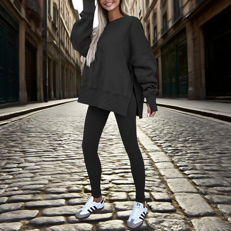 Women’s Solid Color 2-Piece Tracksuit — Crewneck Sweatshirt