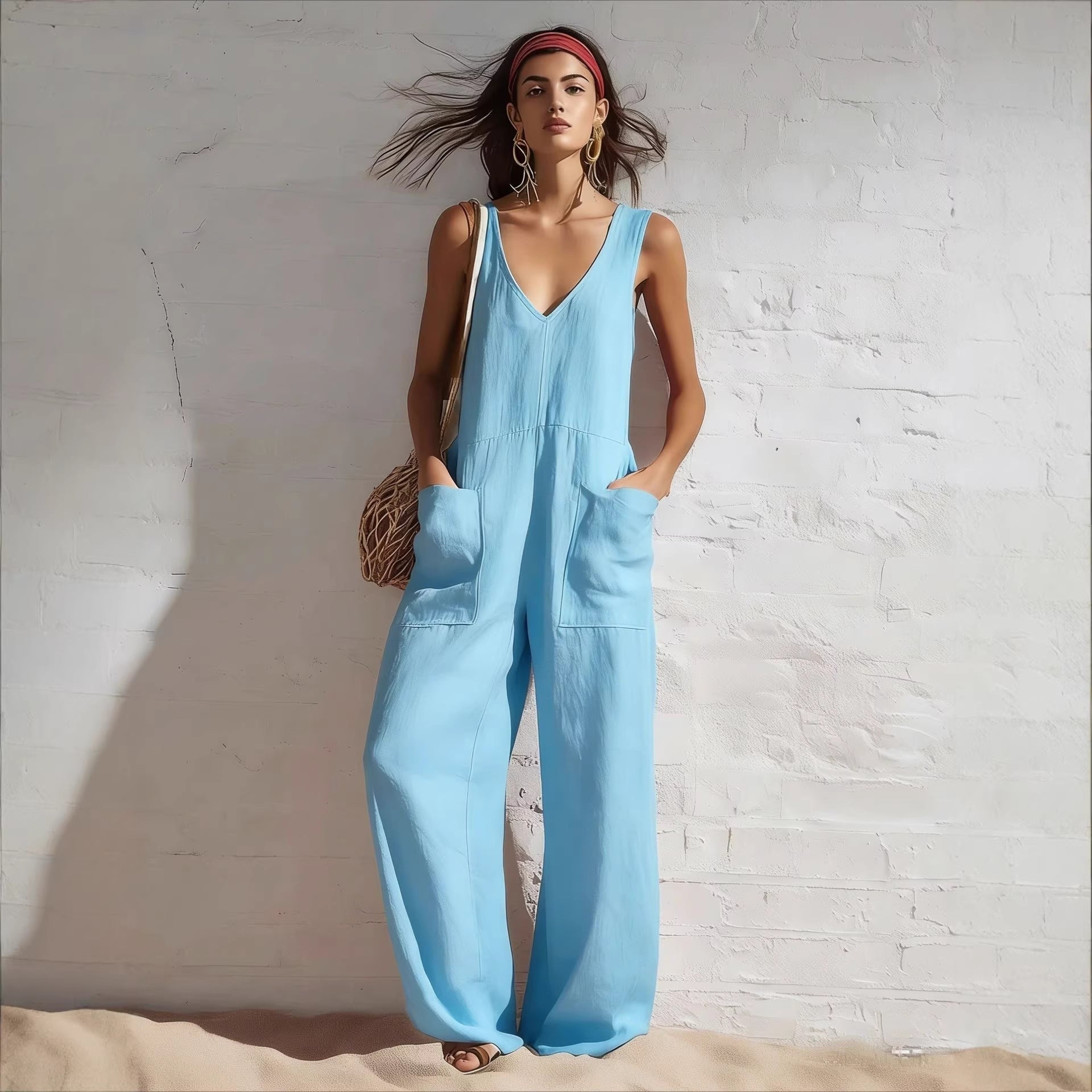 Women's Sleeveless V-Neck Pocketed Wide-Leg Jumpsuit – 5 Colors S–3XL
