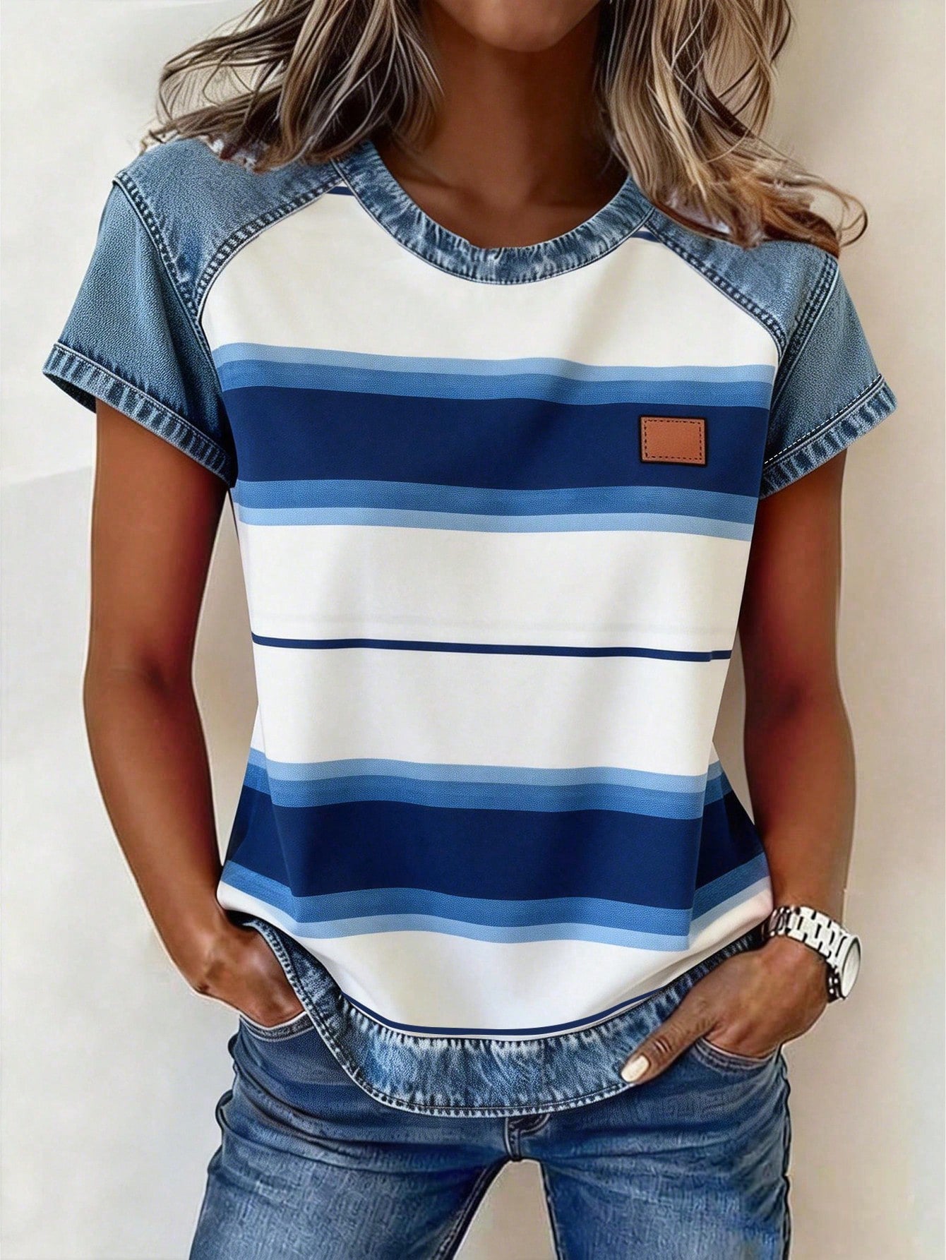 Women's Retro Denim Patchwork Short-Sleeve Shirt – Loose Fit